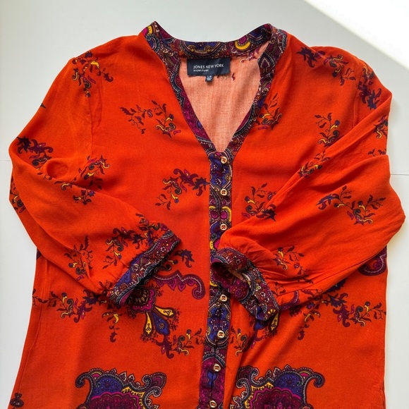 Jones New York Blouse Gold Buttons Paisley Tunic Moroccan Orange Top Shirt Sz L - Picture 12 of 16